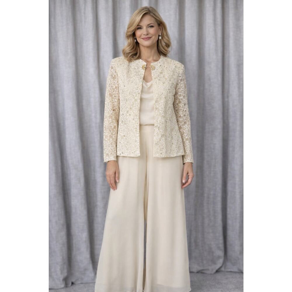 Coldwater Creek Cream Lace Jacket with Wide-Leg Jumpsuit